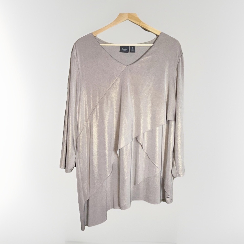 Travelers By Chicos Women's Gold Foil Asymmetrical Layer 3/4 Sleeve Top Size XL